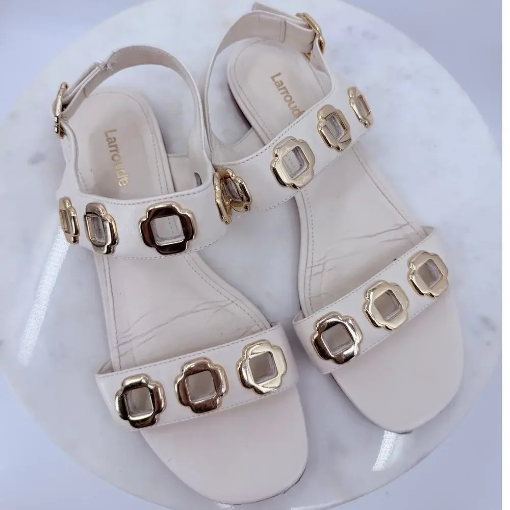 Larroudé Milan Flat Sandal Ivory Leather Gold Chain Size 8.5